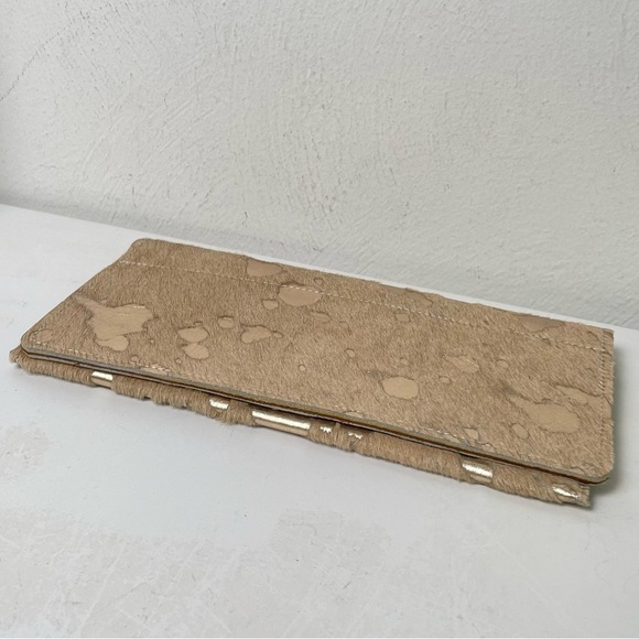 Genuine Fur-On Cowhide Metallic Gold Splatter Paint Handmade Artisan Clutch Boho - Picture 8 of 17